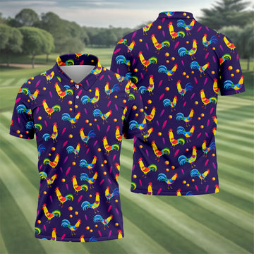 Retro Rooster Golf Shirt, Colorful Country Pattern Polo, Polo Shirts For Men