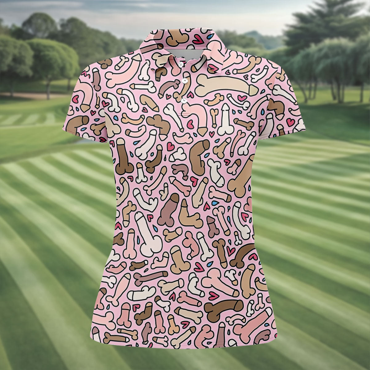 Funny Adult Doodle Pink Pattern Polo Shirt, Womens Golf Polo, Golf Shirts For Women