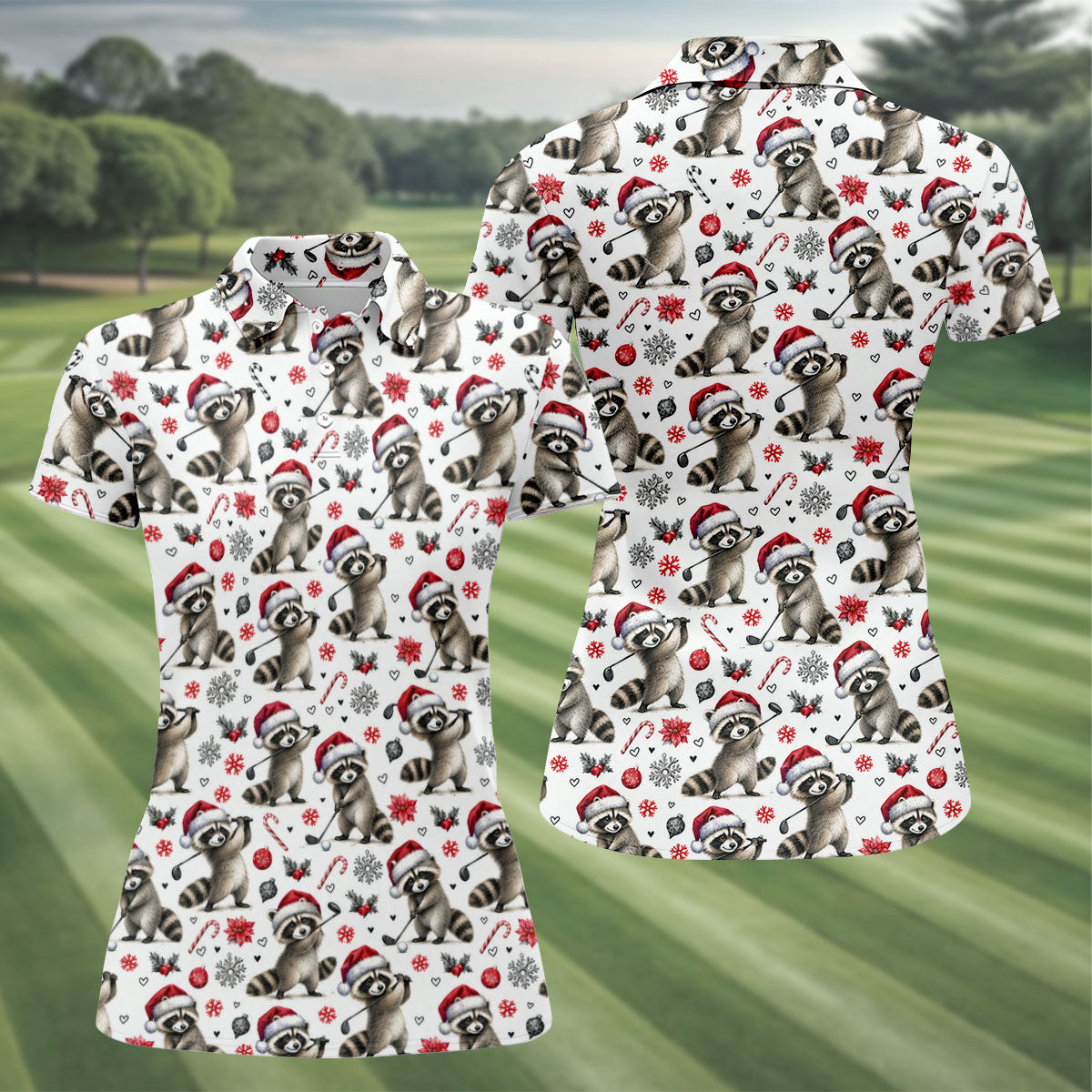 Christmas Raccoon Golfer Santa Hat Golf Polo Shirt, Ladies Golf Shirts, Golf Polo For Women