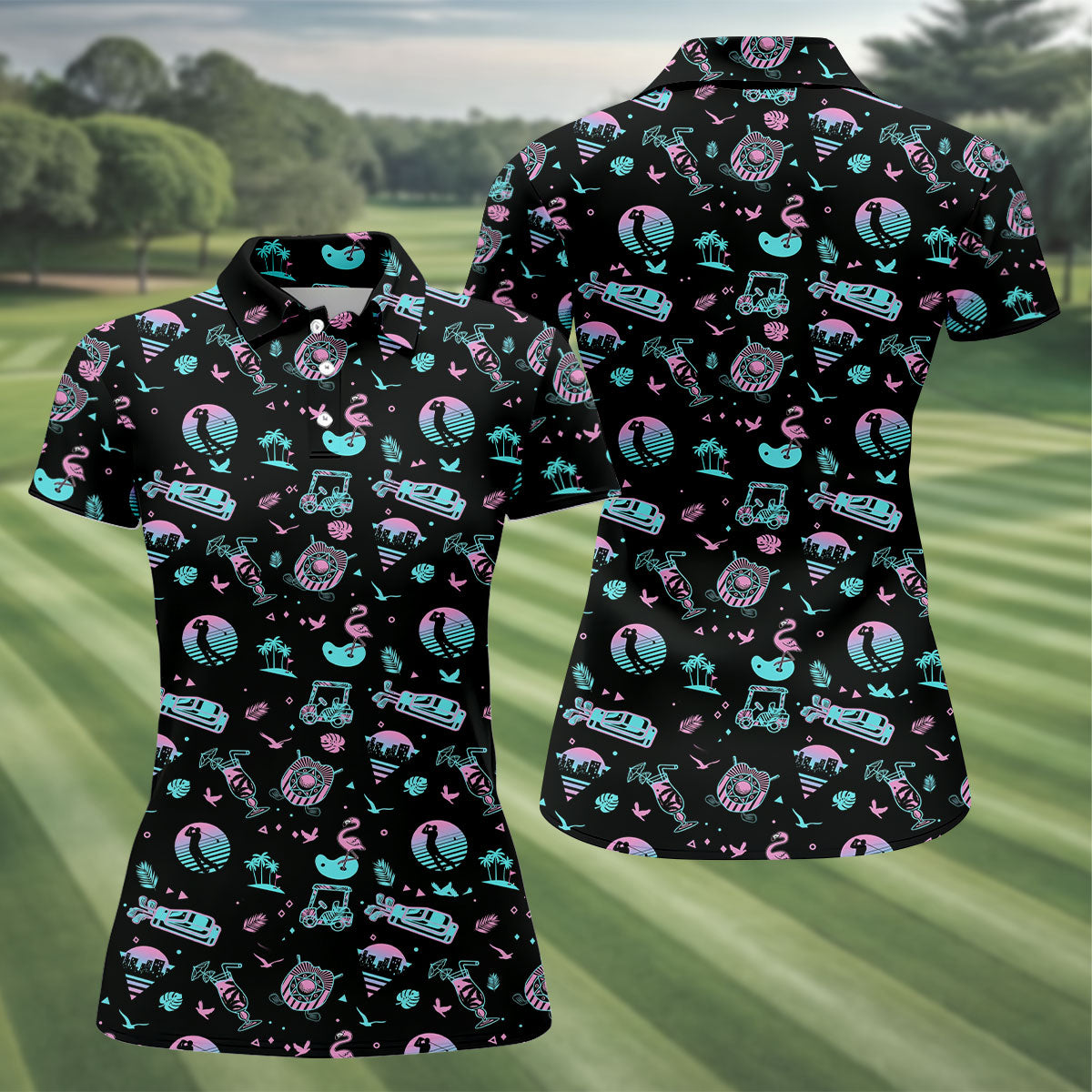 Flamingo Tropical Gradient Colors Retro Golf Shirt, Women's Golf Tops, Ladies Golf Shirt