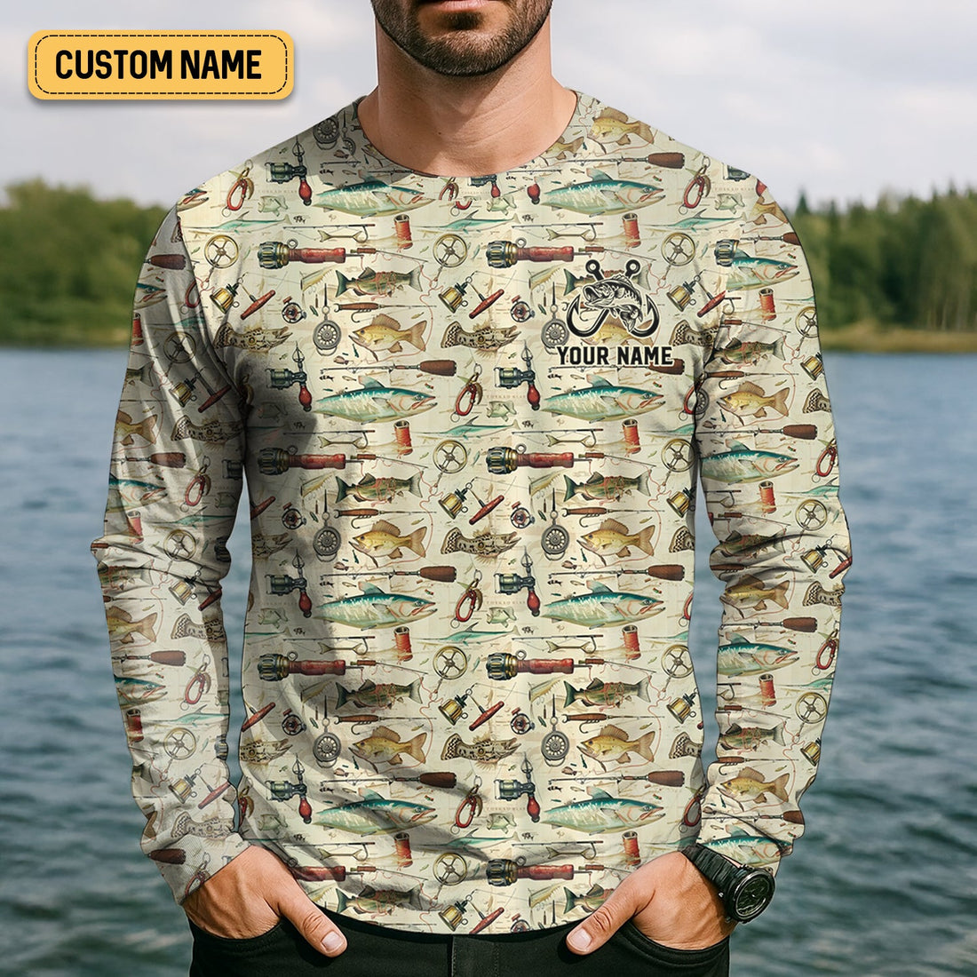 Fishing Gear Items SPF Long Sleeve Shirts, Custom Fishing Shirt, Men Long Sleeve Shirt