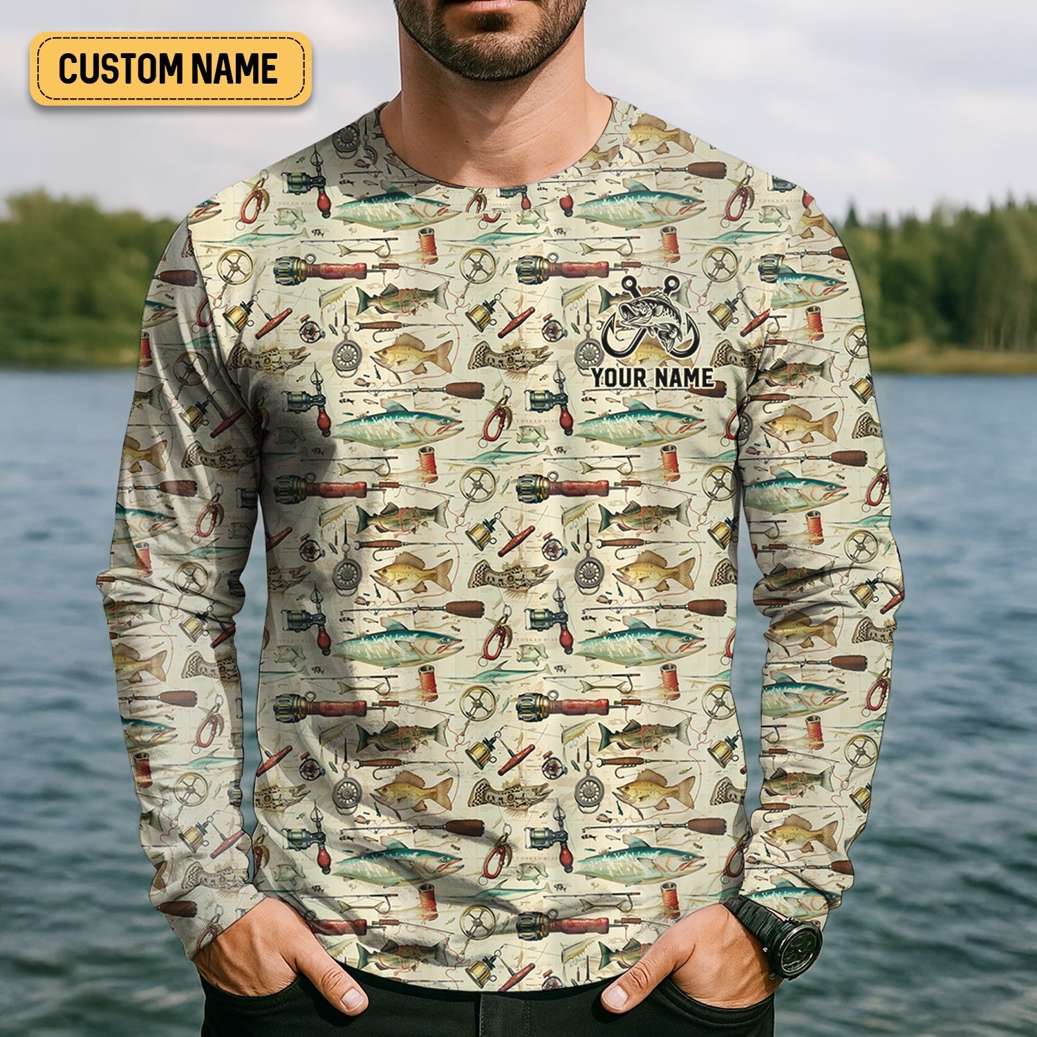 Fishing Gear Items SPF Long Sleeve Shirts, Custom Fishing Shirt, Men Long Sleeve Shirt