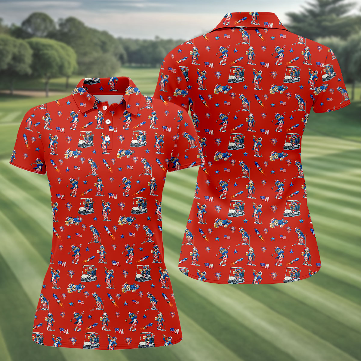 Patriotic Man Golf And Beer Funny 4th Of July Red Golf Shirt, 250 Years Seamless Pattern Women's Golf Tops