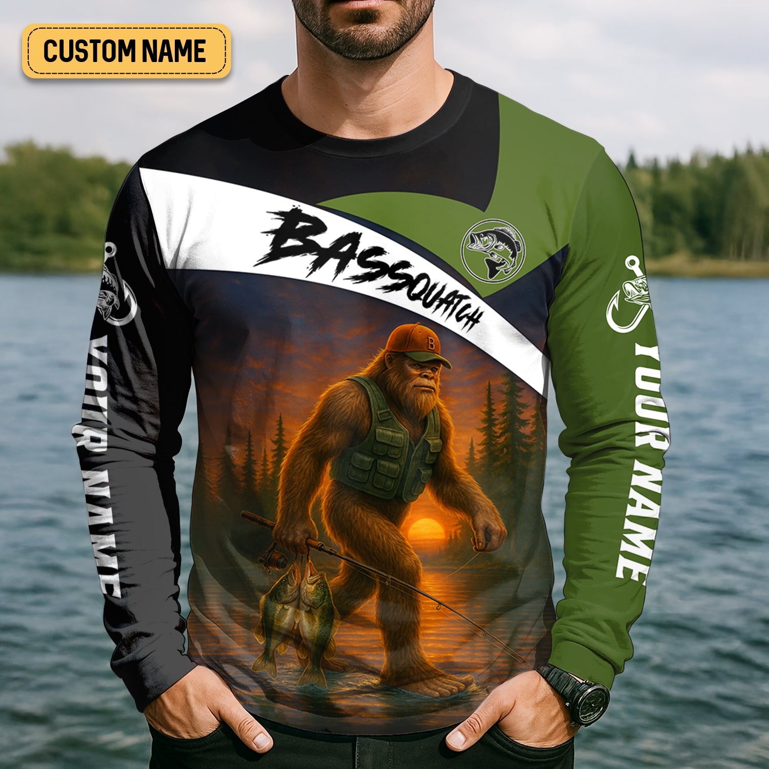 Bassquatch Bigfoot Fishing Shirt, SPF Shirt For Men, Fishing Jersey, Presents For Fishermen