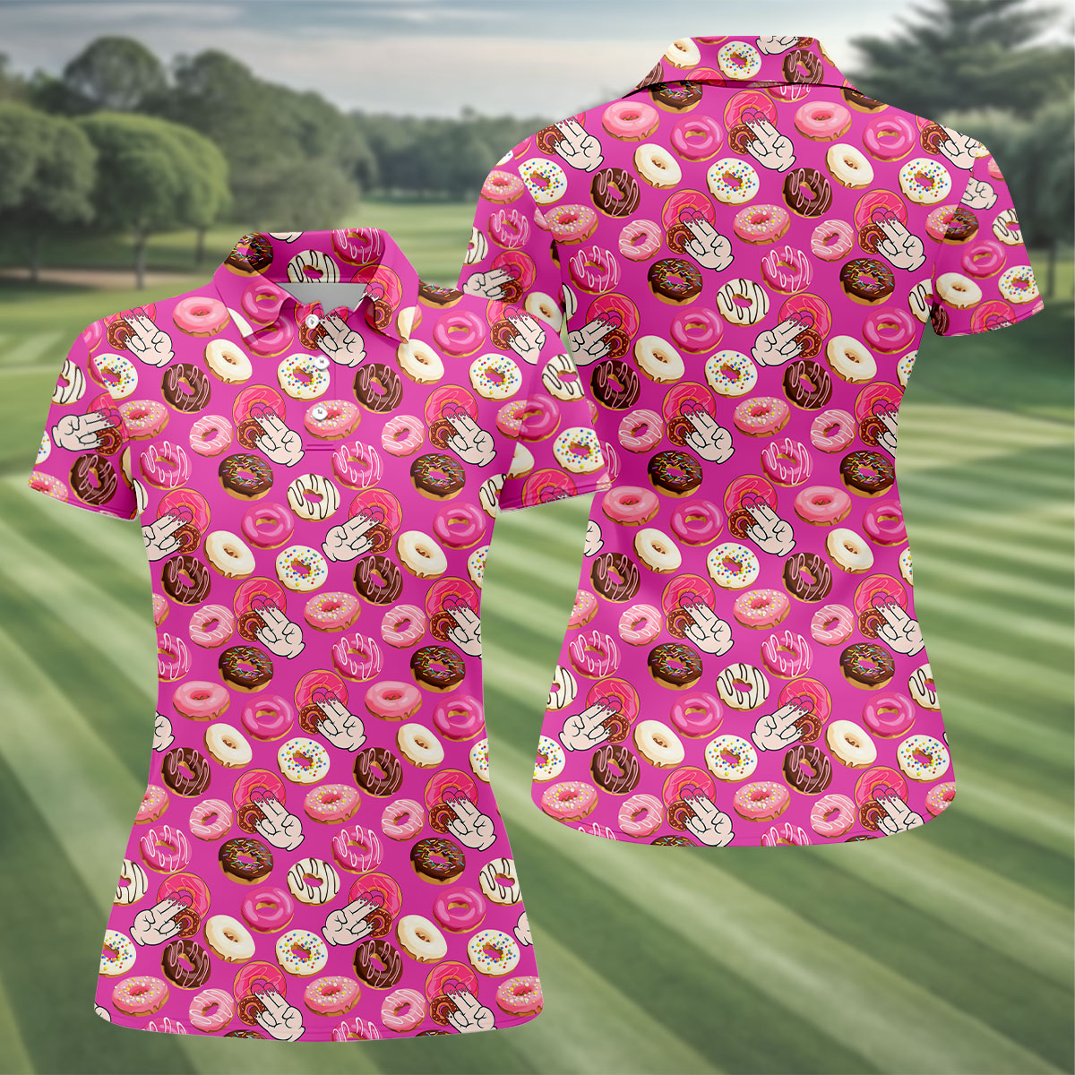 Funny Donut Adult Humor Pink Golf Shirt, Fun Women's Golf Shirts, Women's Golf Tops, Ladies Golf Shirts