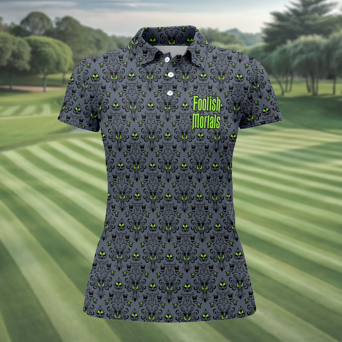 Foolish Mortals Haunted Halloween Polo Shirt, Printed Golf Shirt, Women’s Golf Apparel