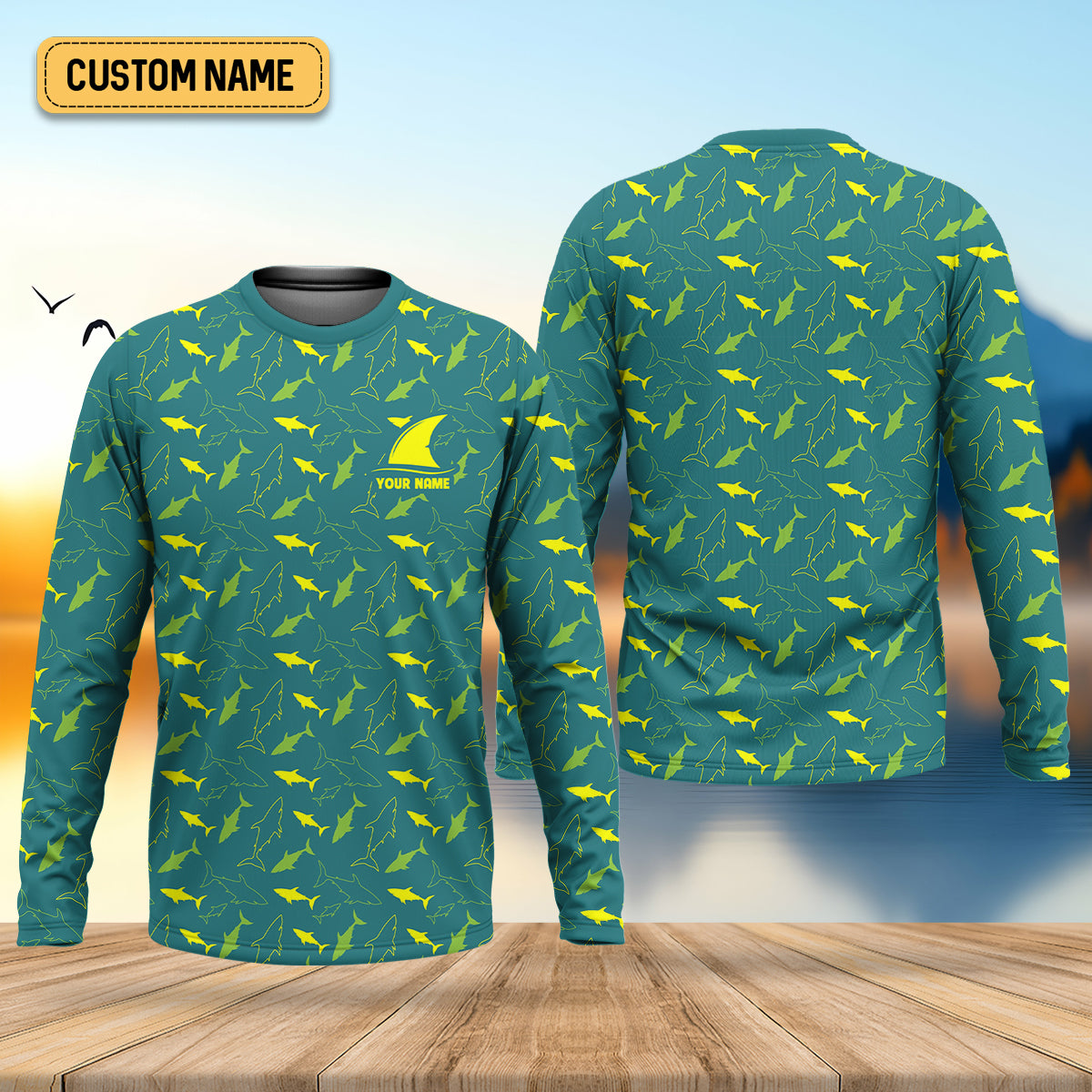 Green And Yellow Shark Pattern Performance Fishing Shirts, SPF Shirt For Men, Fishing Gifts For Men