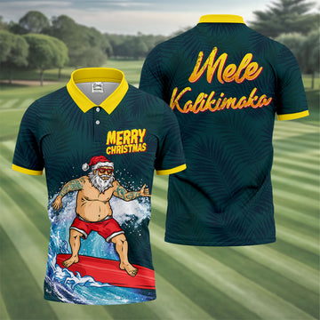 Surfing Santa Mele Kalikimaka Christmas Polo Shirt, Mens Golf Polo, Hawaiian Golf Shirt