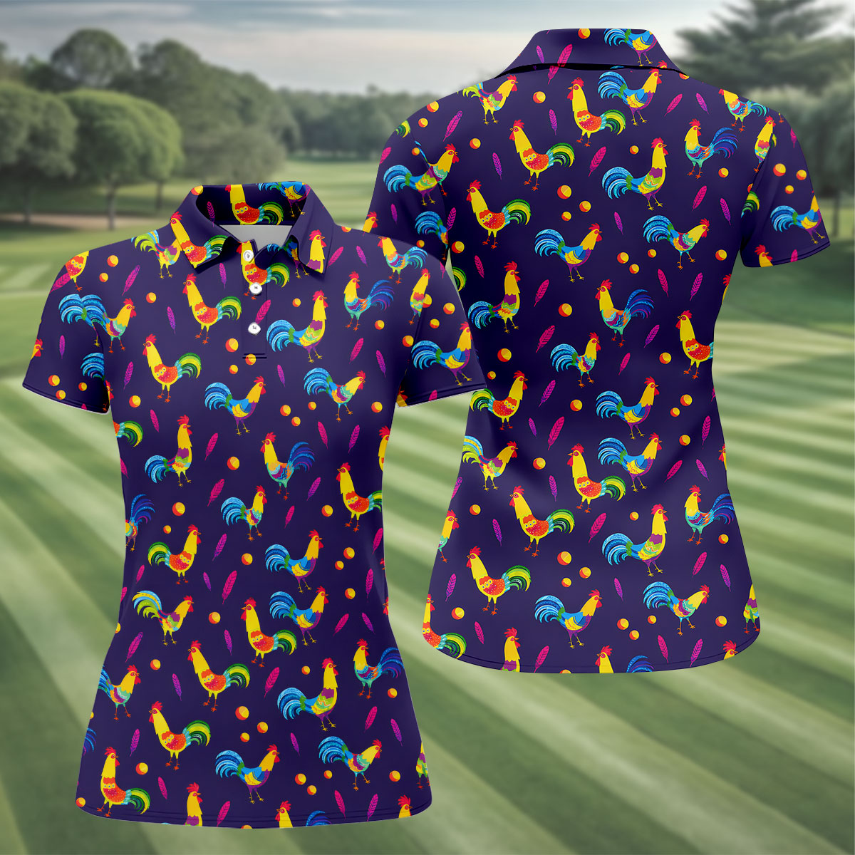 Retro Rooster Golf Shirt, Colorful Country Pattern Polo, Polo Shirts For Women