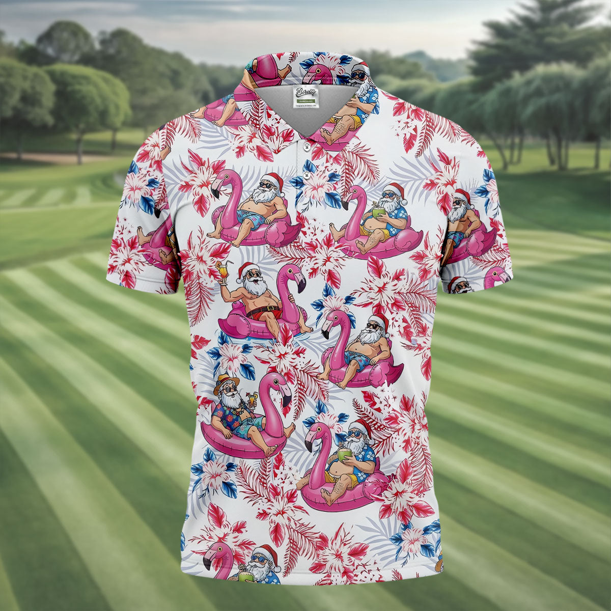 Funny Tropical Santa Flamingo Christmas Polo Shirt, Mens Golf Polo, Hawaiian Golf Shirt