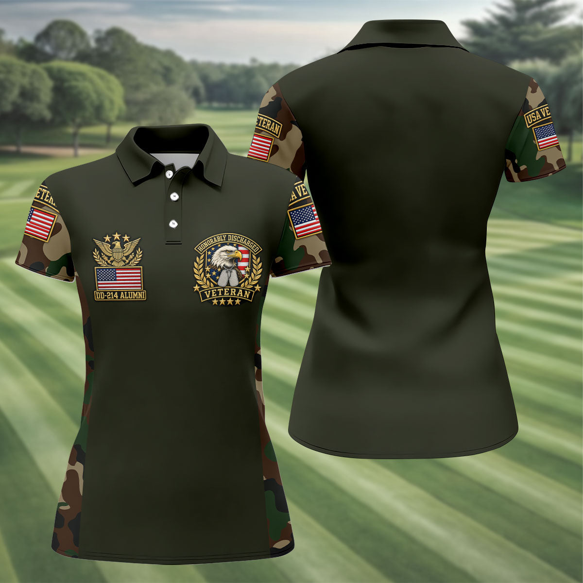 DD-214 Eagle Badge Olive Camo Polo Shirt, Women Golf Tops, Veterans Day Golf Shirt