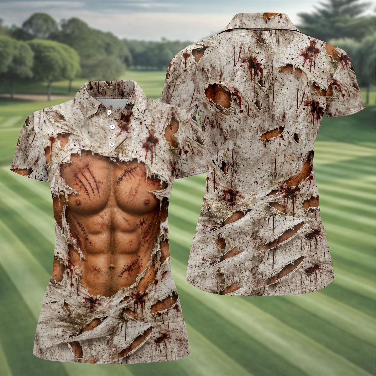 Torn Shirt Muscle Chest Illusion Halloween Polo Shirt, Ladies Golf Shirt, Womens Golf Tops