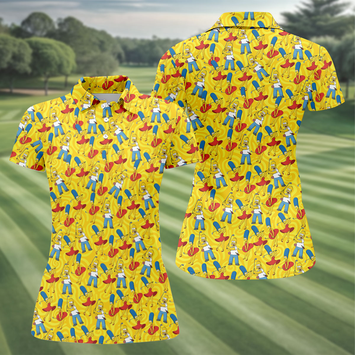 Funny Cartoon Couple Golf Pattern Polo Shirt, Golf Shirts For Women, Women’s Golf Polo