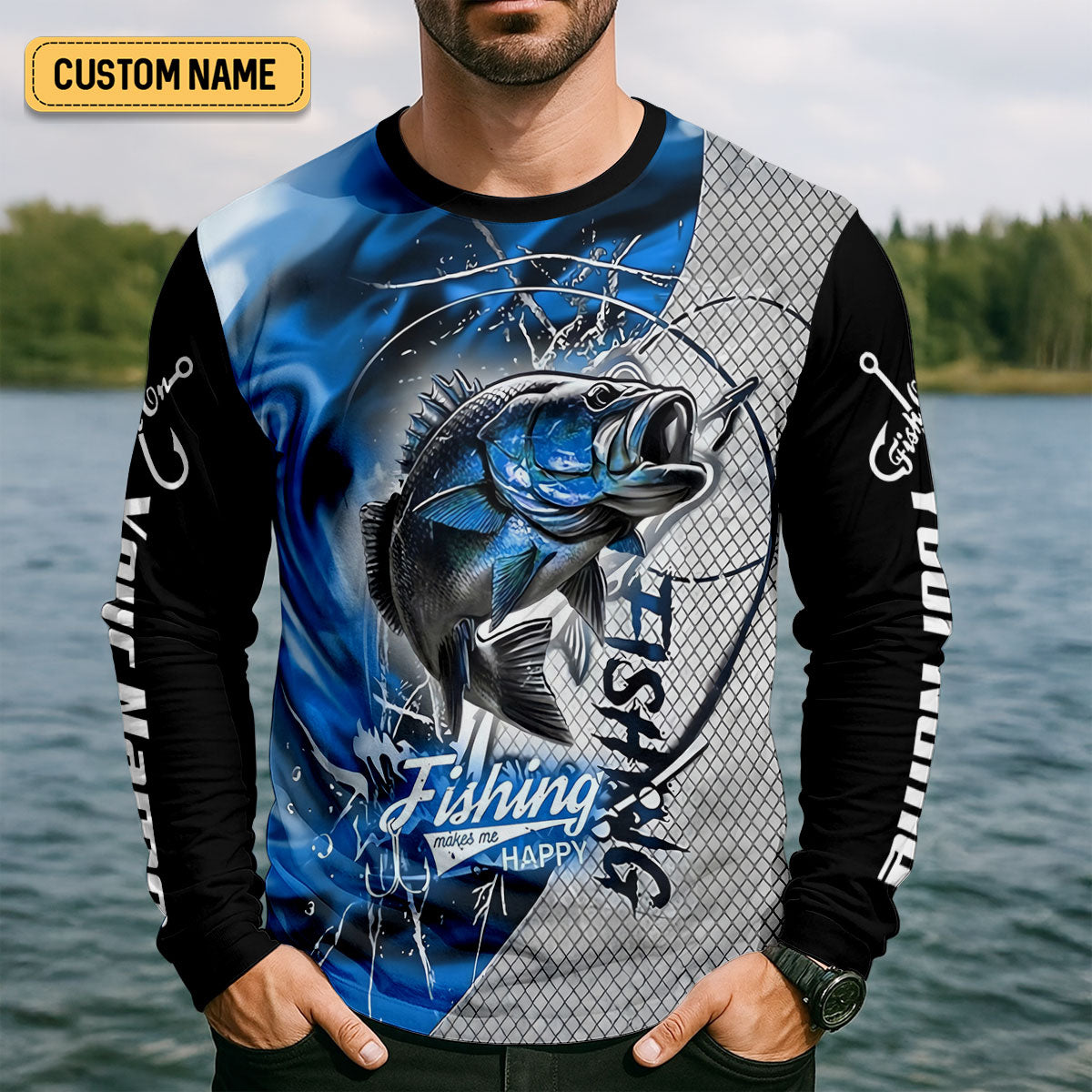 Fishing Makes Me Happy Largemouth Bass Fishing UPF Shirts, Funny Fishing Shirt, Fishing Shirts For Men