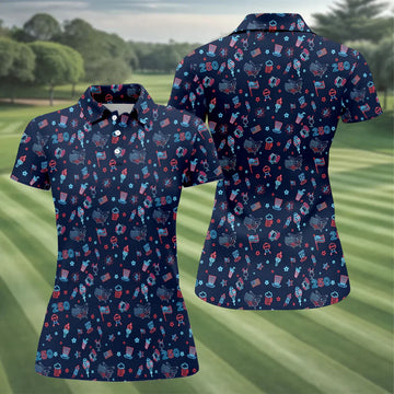 250th Anniversary Doodle Style Neon Pattern Ladies Golf Tops, Patriotic 4th Of July Golf Shirt For Women