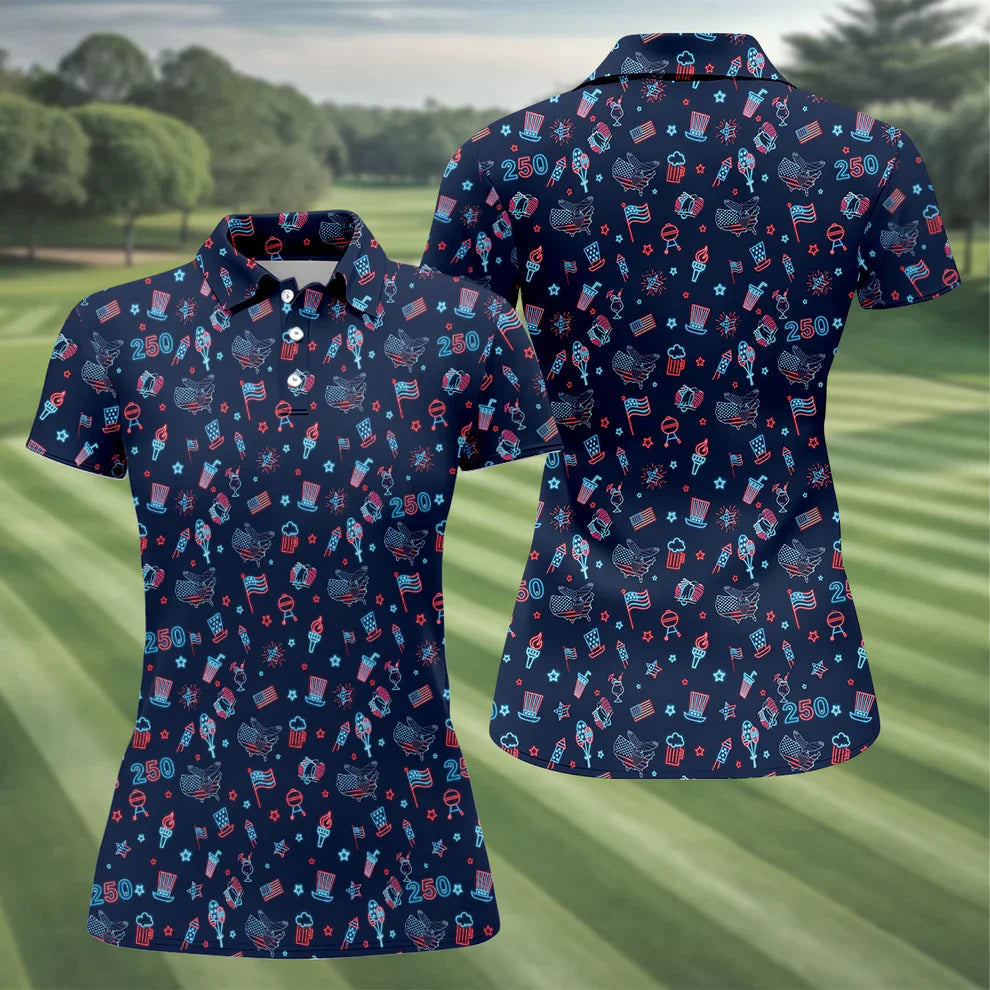 250th Anniversary Doodle Style Neon Pattern Ladies Golf Tops, Patriotic 4th Of July Golf Shirt For Women