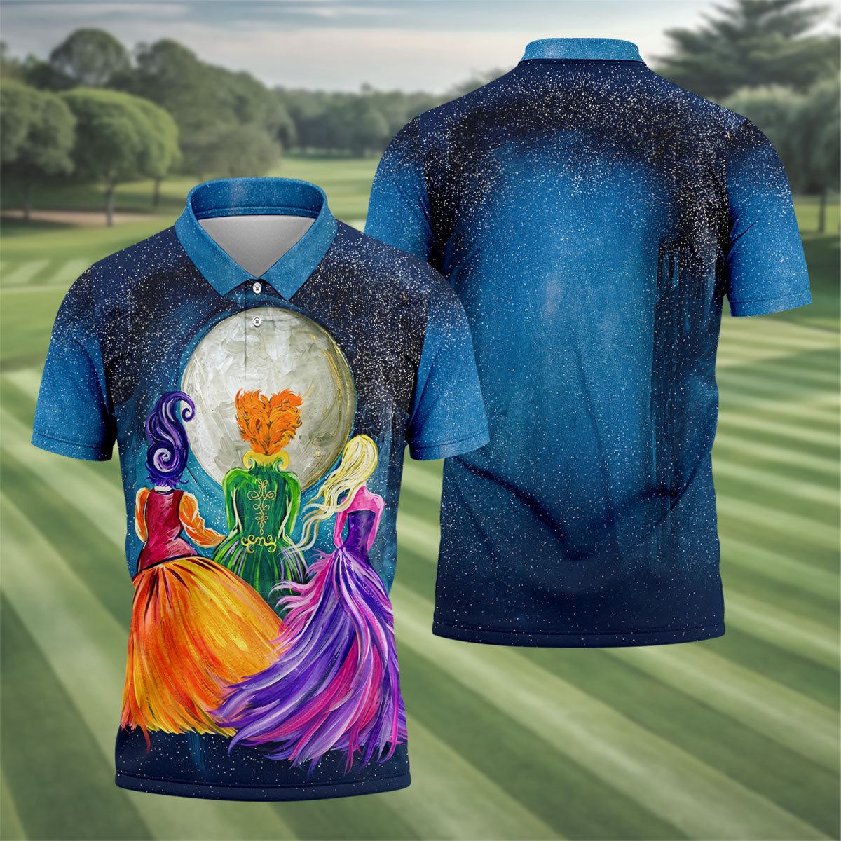 Moonlit Witch Sisters Halloween Polo Shirt, Golf Polo Shirts For Men, Mens Golf Apparel