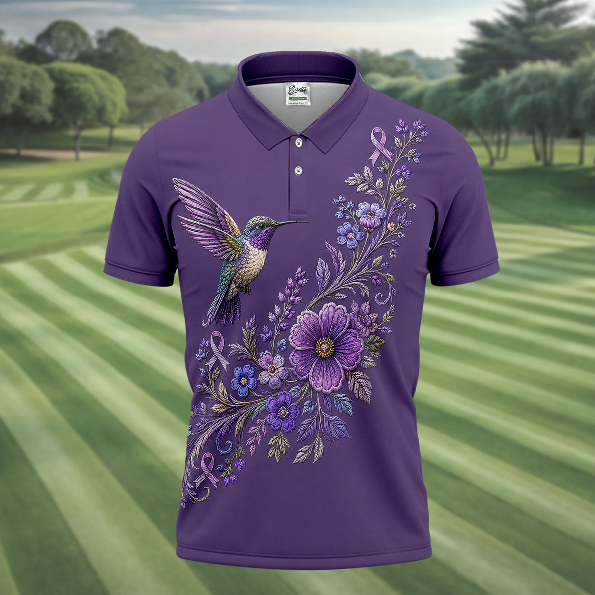 Cancer Awareness Purple Ribbon Floral Polo Shirt, Mens Golf Polo, Golf Shirts For Men