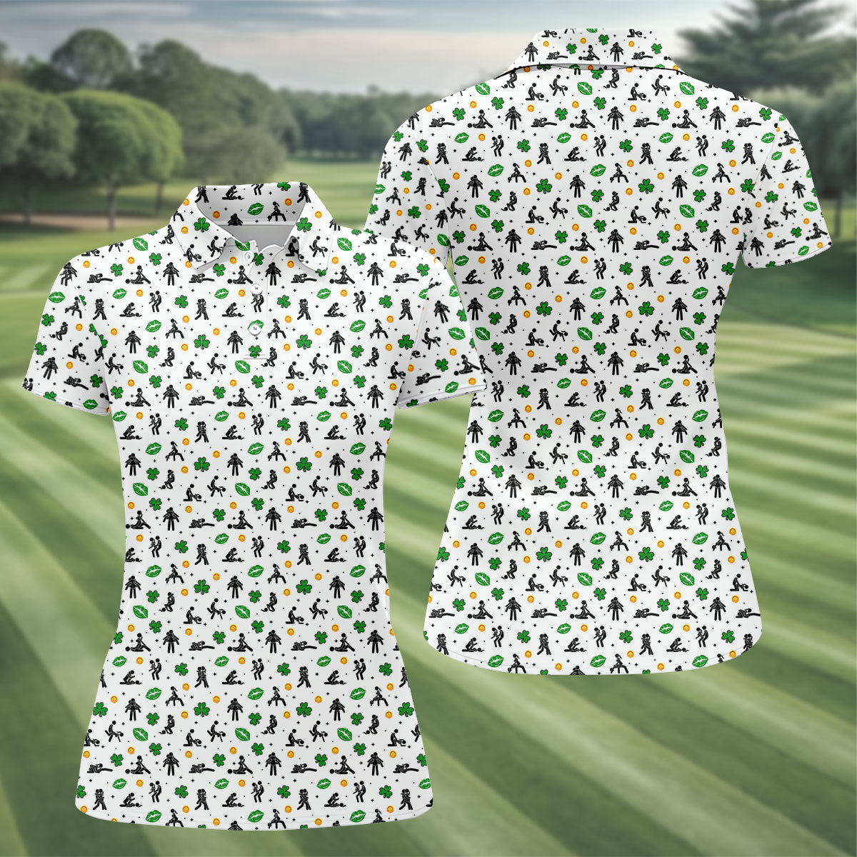 Funny Stick Figure Naughty Position Shamrock St Patrick's Day Golf Shirt, Women's Golf Tops, Ladies Golf Shirts