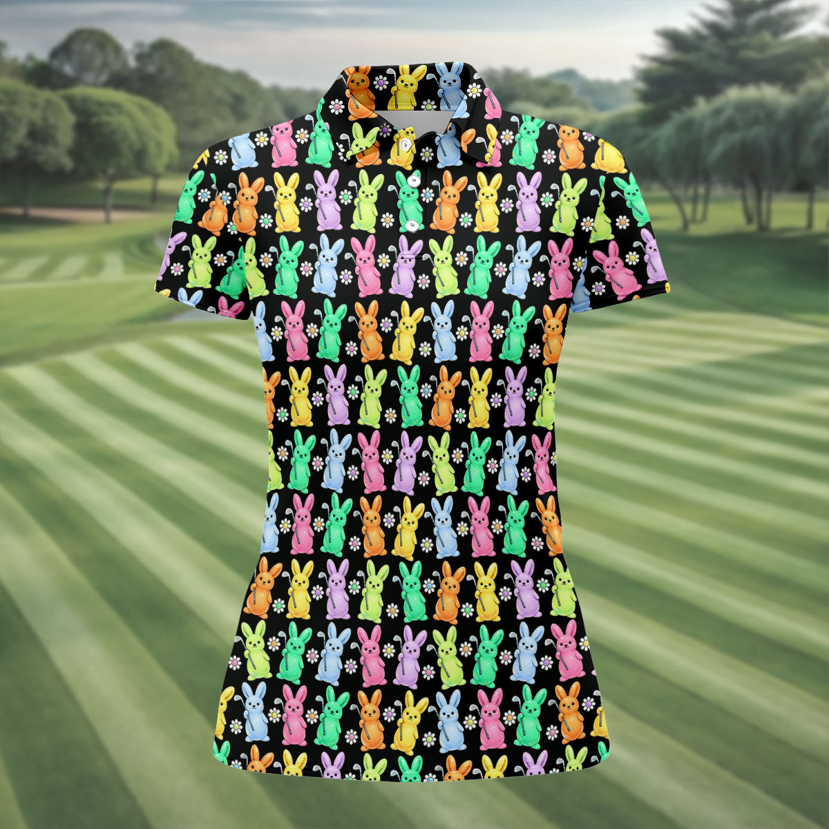 Colorful Easter Bunny Black Golf Shirt, Cute Golf Outfit, Women's Golf Tops, Ladies Golf Shirts