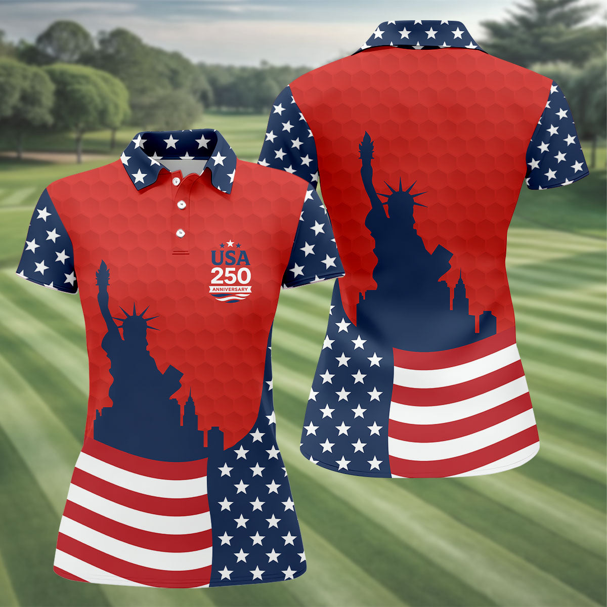 USA 250 Anniversary Statue Of Liberty Red Golf Shirt, Patriotic Golf Shirt, 4th Of July Women's Golf Tops