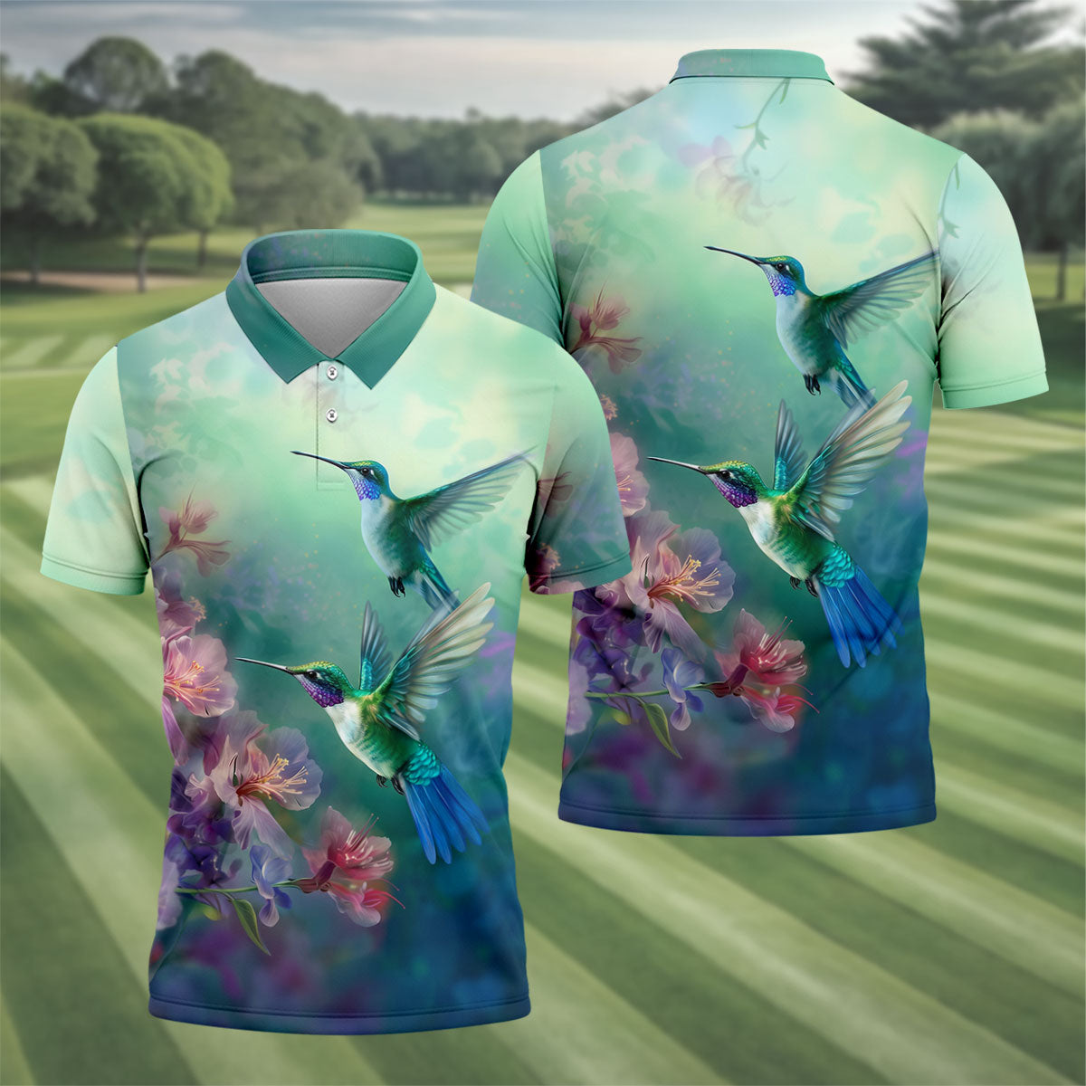 Hummingbird And Floral Garden Polo Shirt, Mens Golf Shirts, Golf Polo Shirts For Men
