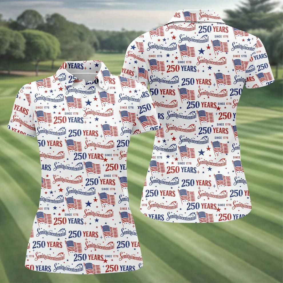 Semiquincentennial 250 Years Distressed American Flag Golf Shirt, Patriotic 4th Of July Golf Shirt For Women