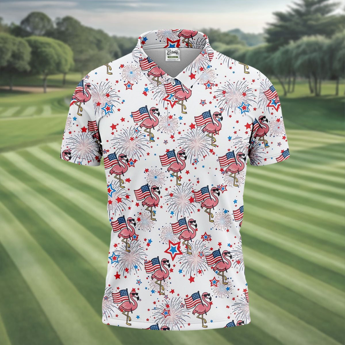 Patriotic Flamingo American Flag Polo Shirt, Mens Golf Polo, Golf Shirts For Men