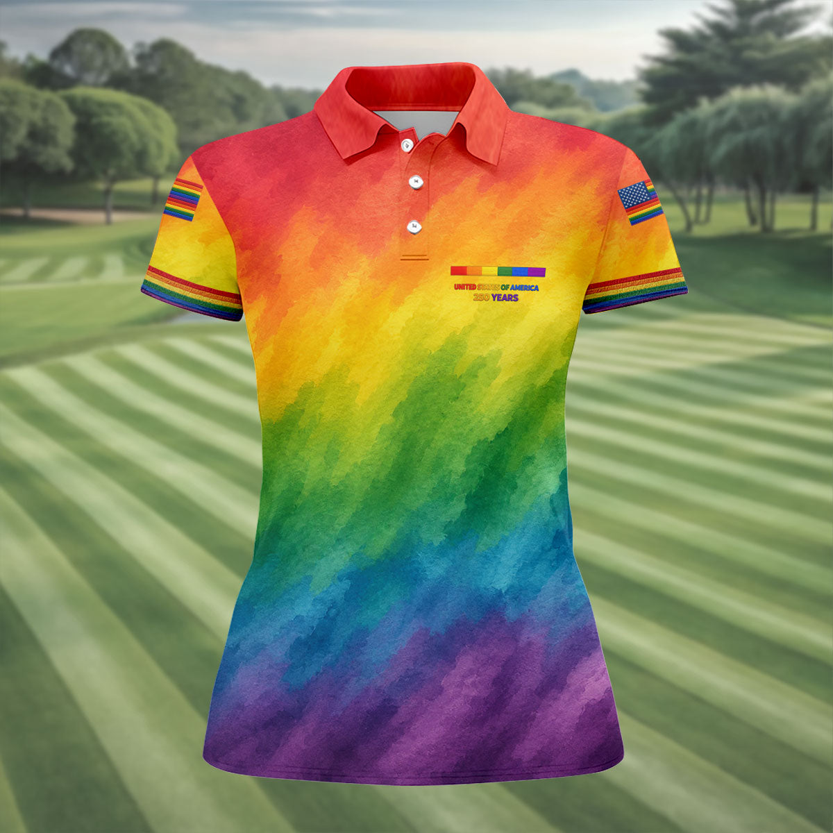 USA 250 Years LGBT Rainbow Women's Golf Tops, LGBT Pride Month Patriotic Golf Shirt