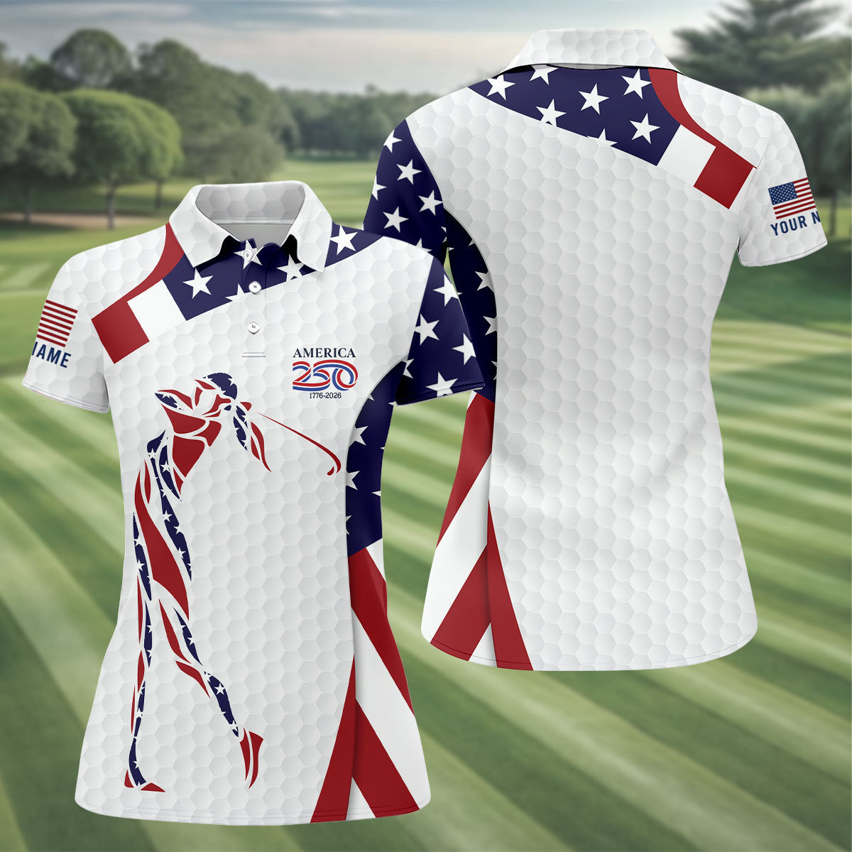 America 250 Golfer Pose Golf Ball Pattern 4th Of July Golf Shirt, Patriotic Golf Shirt, Golf Shirt For Women