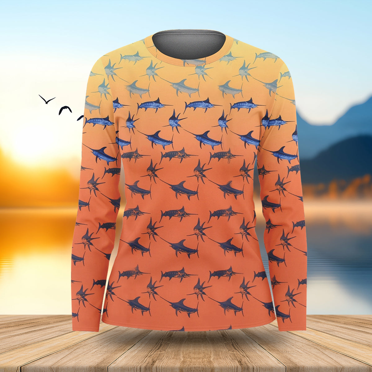Swordfish Patter Orange Fishing Shirt, Cute Women's Fishing Outfits, Female Fishing Shirts, SPF Shirt