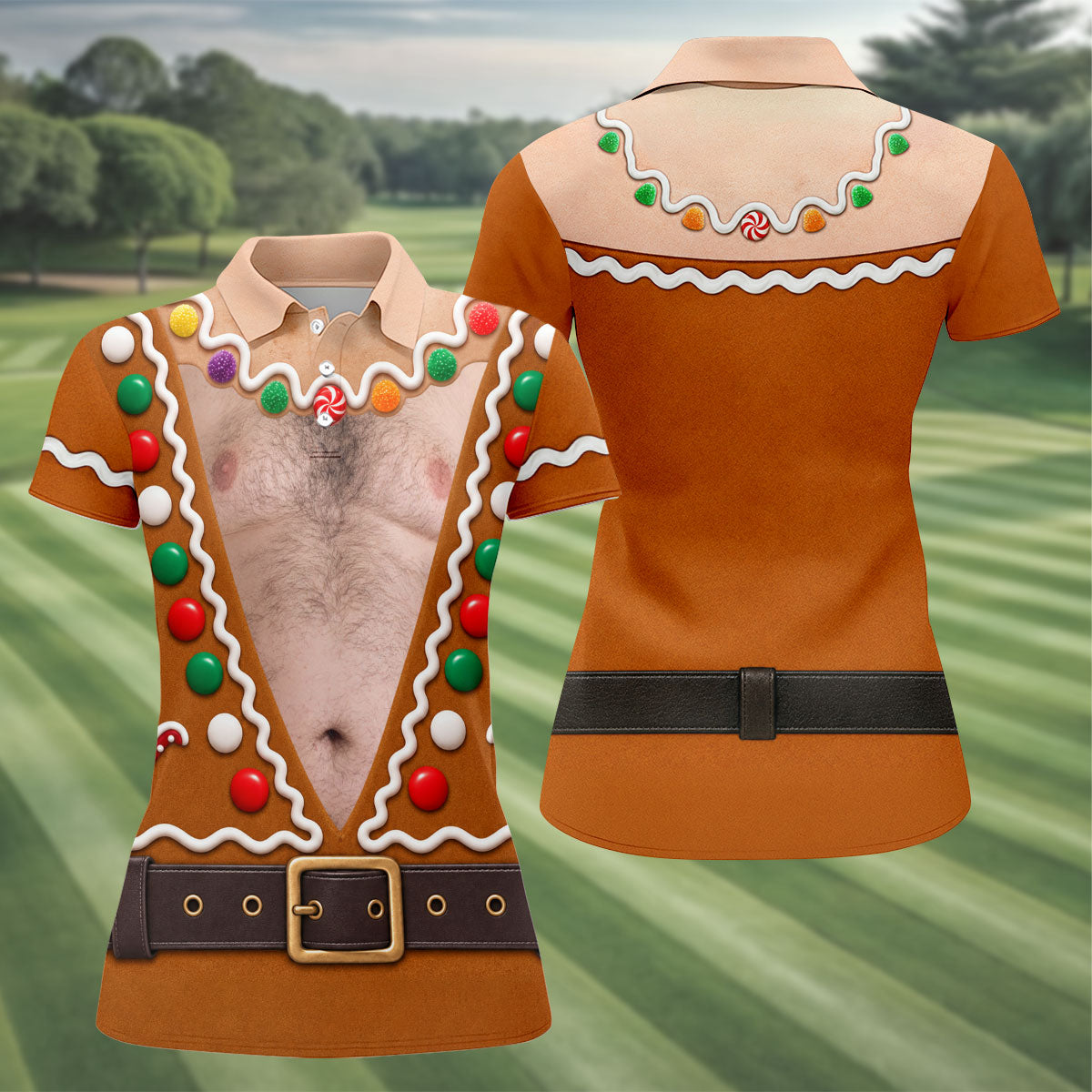 Funny Christmas Gingerbread Costume Polo Shirt, Ladies Golf Top, Women’s Golf Apparel