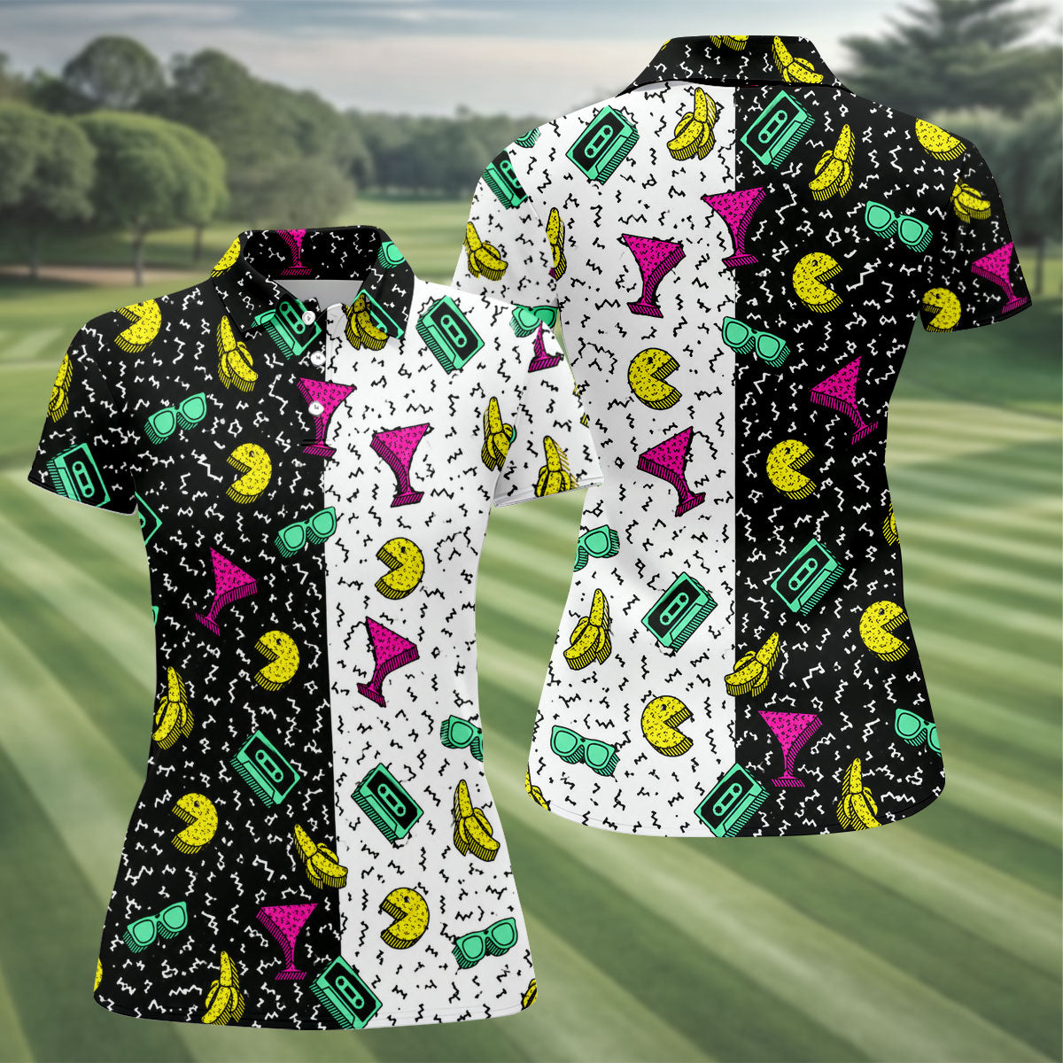 Retro Cassette Sunglasses Cocktail Banana Split Golf Shirt, Golf Tops For Women, Women’s Golf Apparel, Printed Golf Shirt