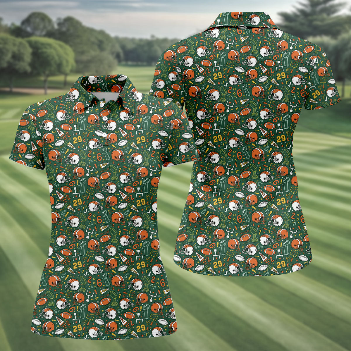 Orange And White Football Helmet Trophy Pattern Game Day Football Theme Women's Green Polo Shirts