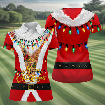 Merry Christmas Santa Lights Gold Chain Polo Shirt, Women’s Golf Polo, Golf Tops For Women
