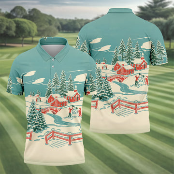 Christmas Winter Village Snowman Golf Polo Shirt, Mens Golf Polo, Golf Apparel For Men