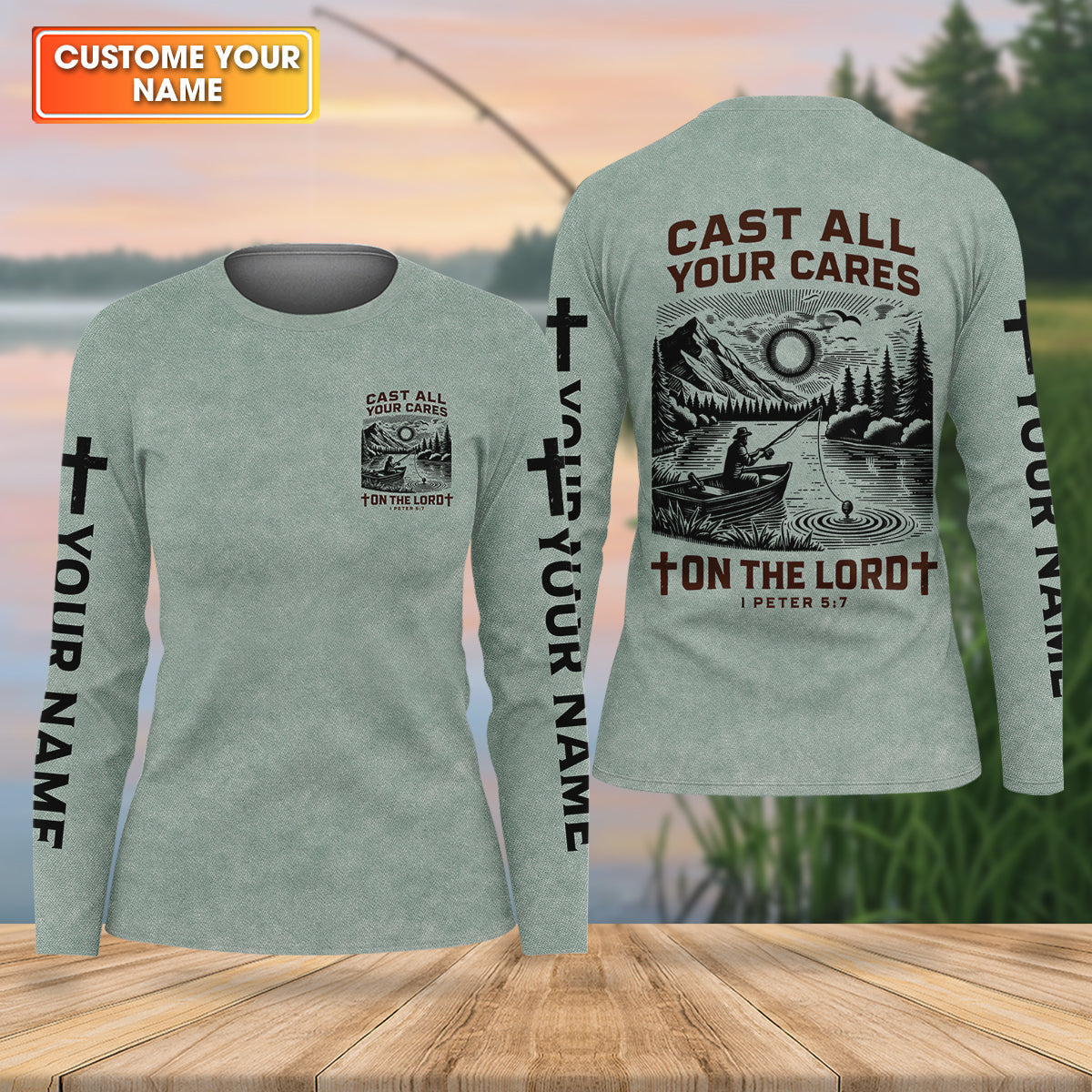 Cast All Your Cares On The Lord Faith Cross Fishing UPF Shirts, Christian Fishing Shirt For Women
