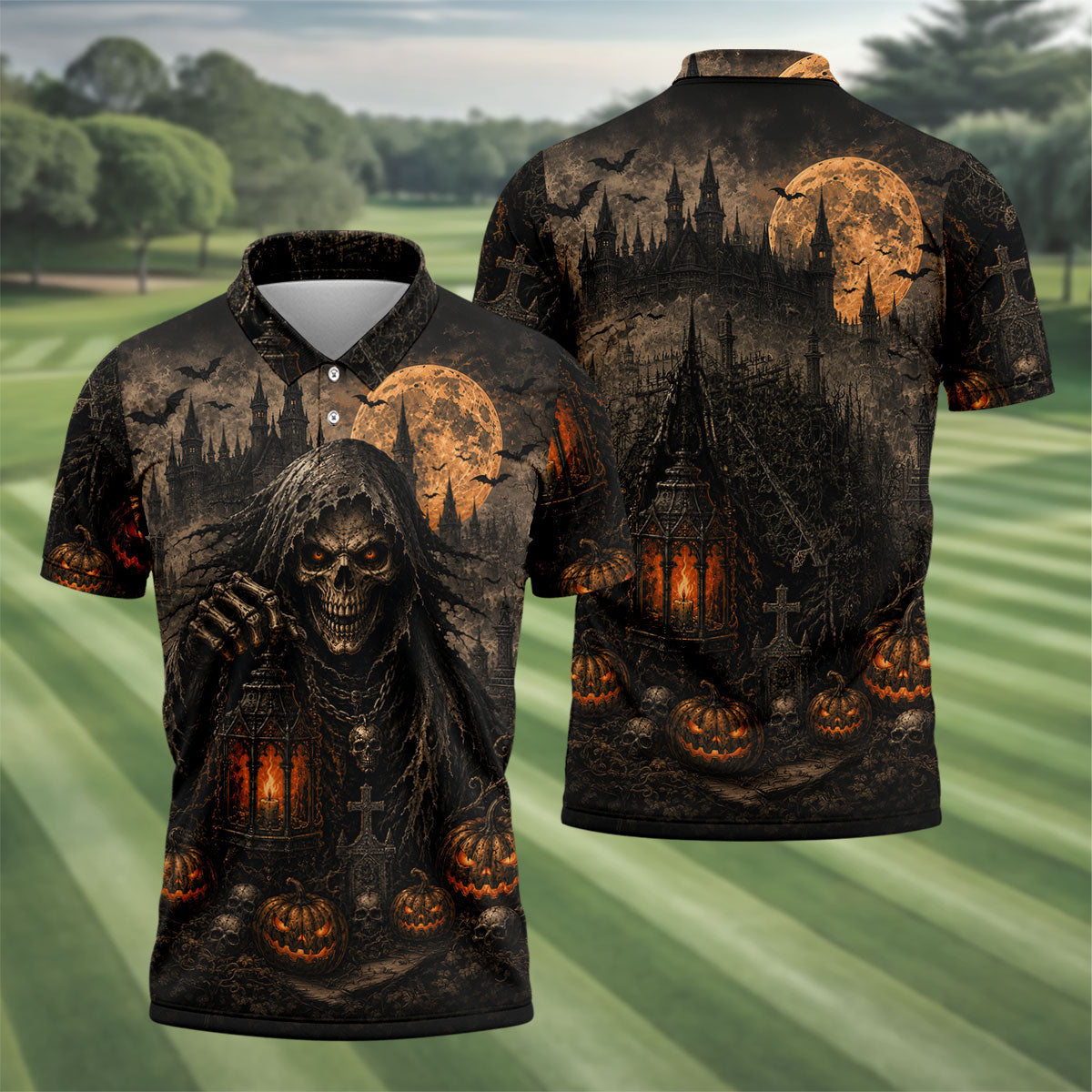 Grim Reaper Lantern Halloween Horror Character Polo Shirt, Mens Golf Polo, Mens Golf Apparel