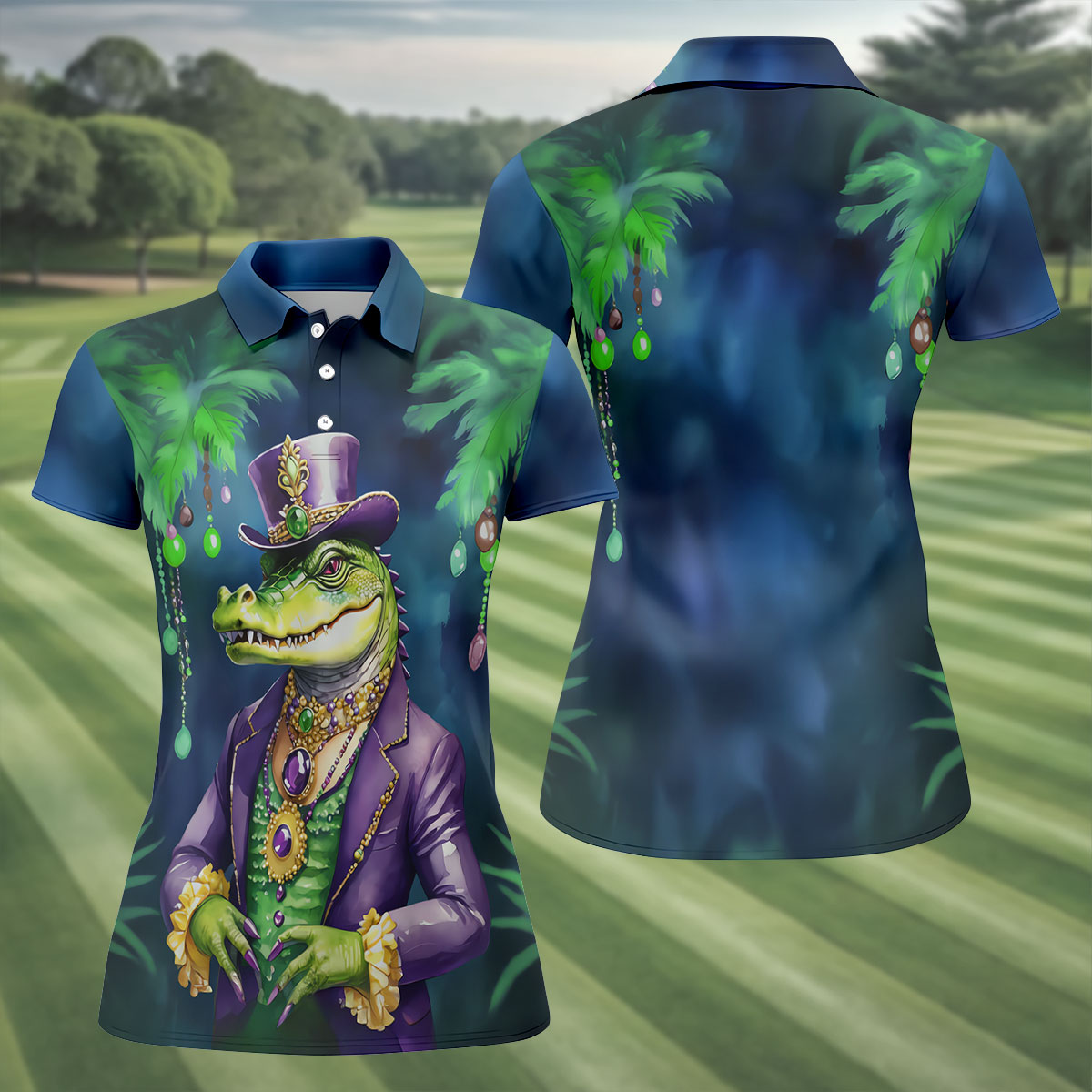 Mardi Gras Alligator Navy Golf Shirt, Fun Women's Golf Shirts, Women's Golf Tops, Ladies Golf Polos