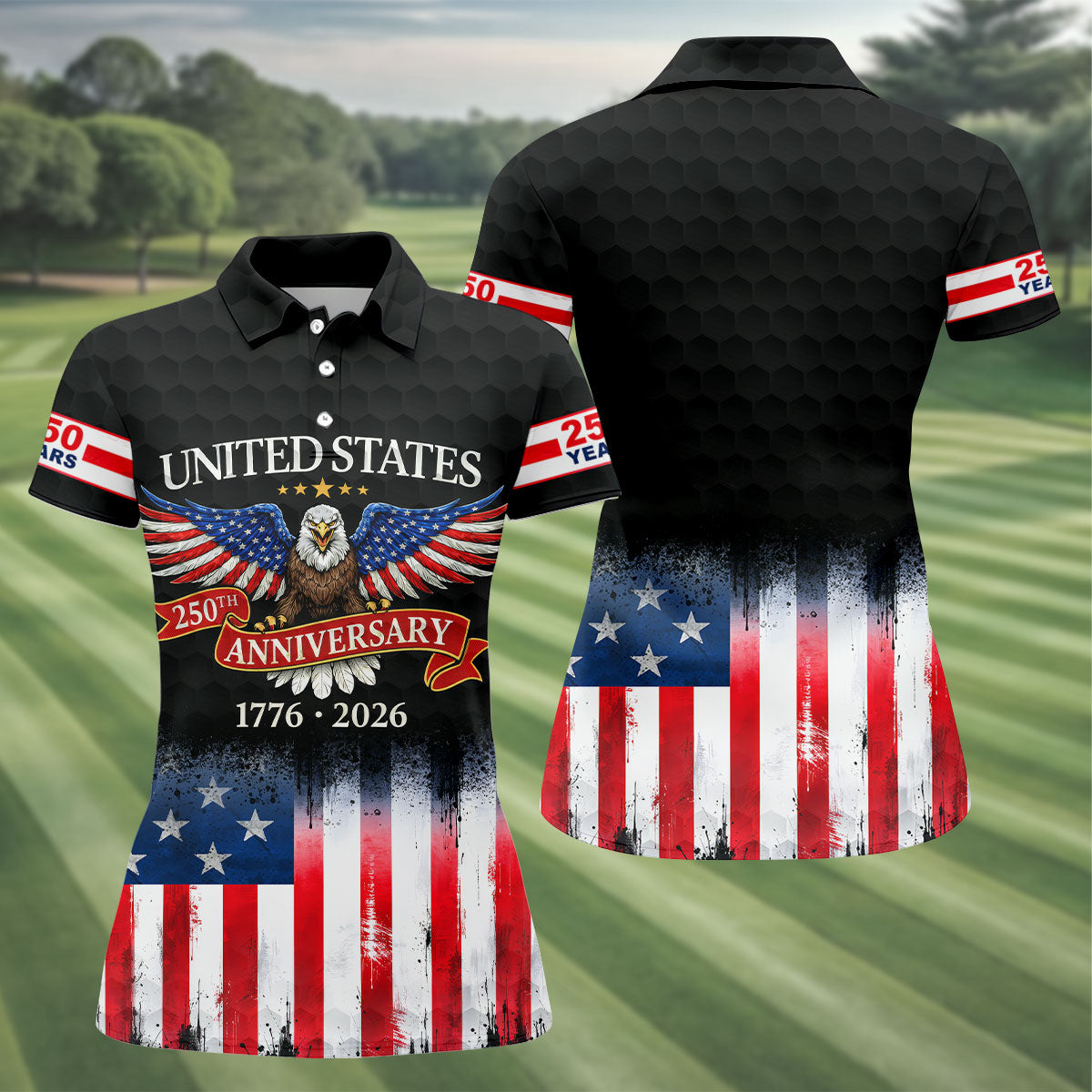 US Bald Eagle 250th Anniversary Celebration Ribbon Black Golf Shirt, Patriotic 4th Of July Golf Shirt For Women