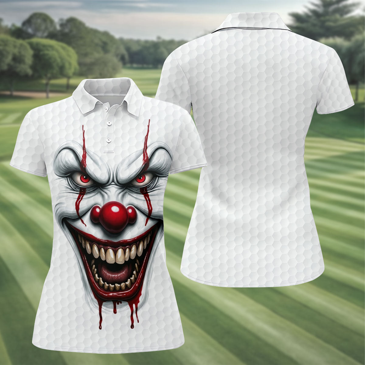Clown Horror Character Golf Ball Halloween Polo Shirt, Ladies Golf Shirt, Womens Golf Tops