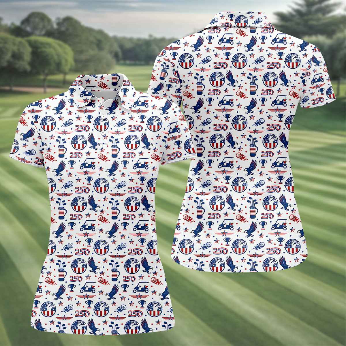 Bald Eagle American Flag Golf Pattern 4th Of July Women Golf Top, 250th Anniversary Patriotic Golf Shirt