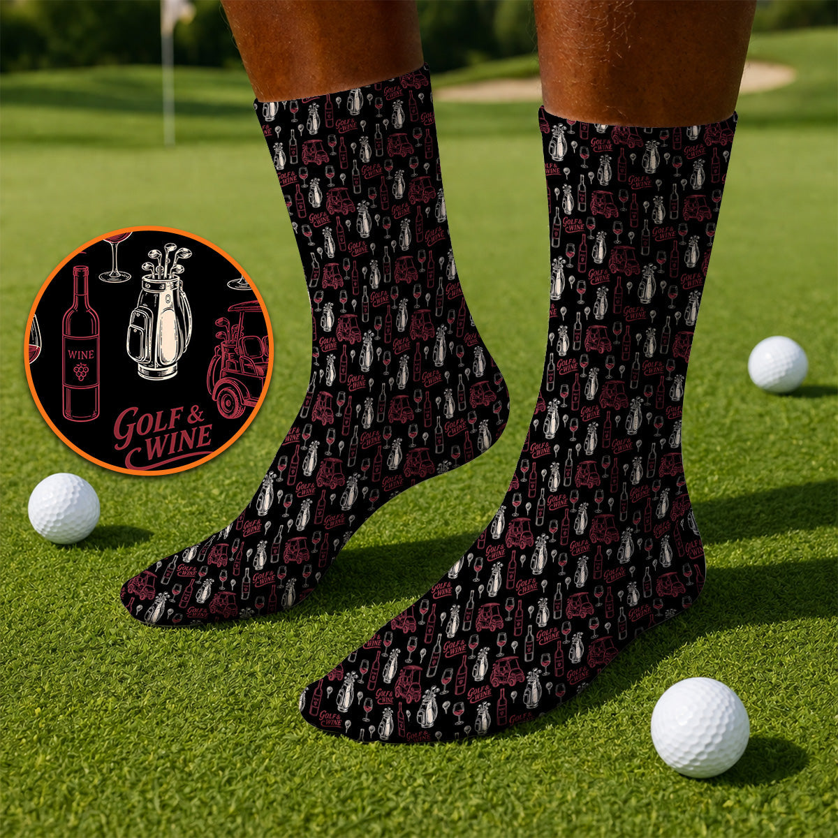 Funny Golf & Wine Pattern Golf Socks, Funny Golf Sock For Wine Lover, Golf Gift For Golfer