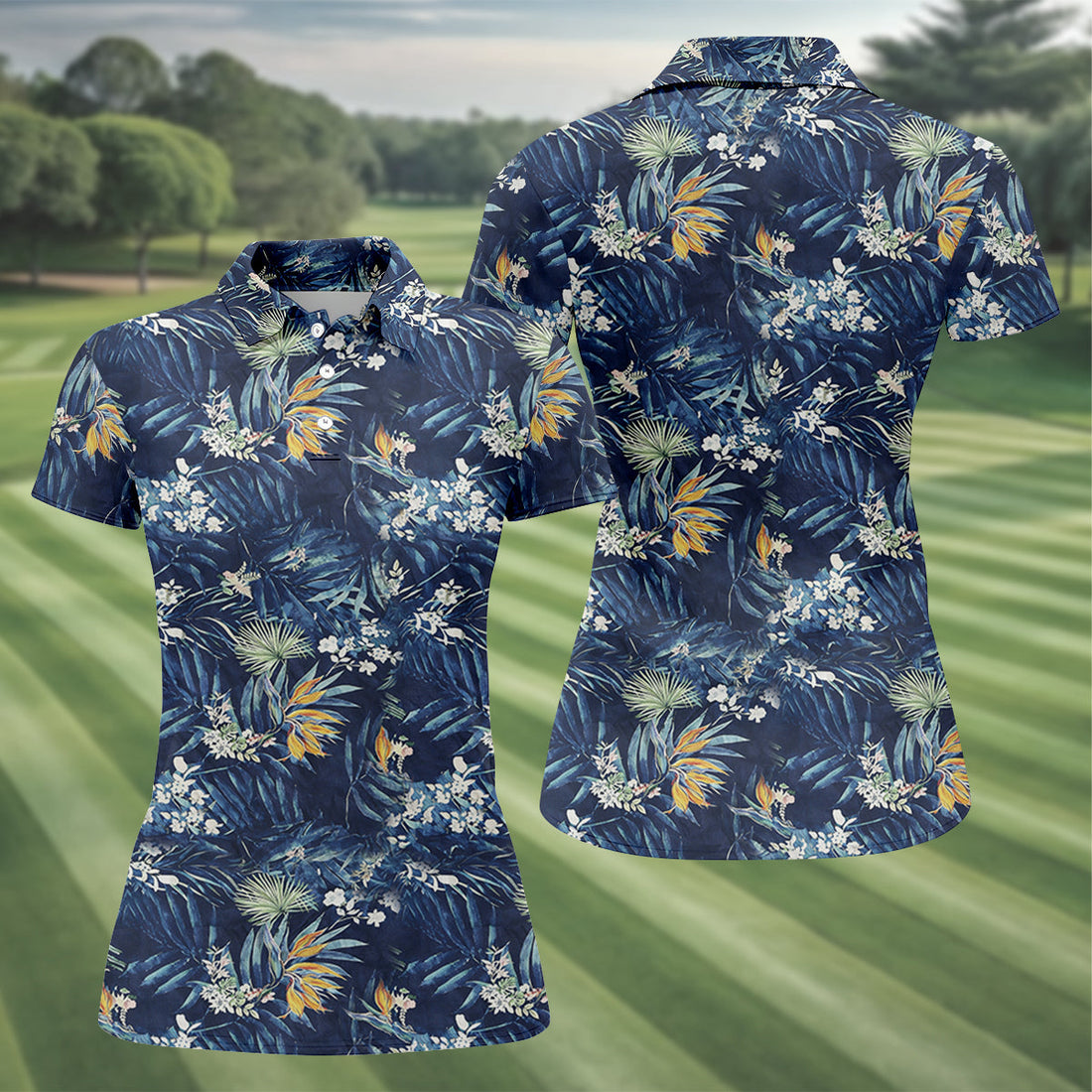 Navy Palm Tropical Hawaiian Vibe Women's Golf Shirts, Women's Golf Tops, Ladies Golf Shirts