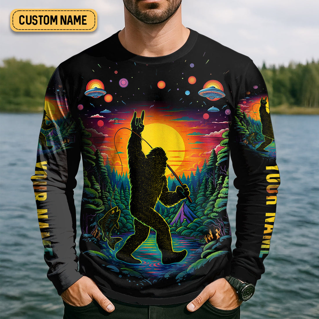 Gone Squatchin And Catching Alien Bigfoot Funny Fishing Shirt, SPF Shirt For Men, Fishing Shirts For Men