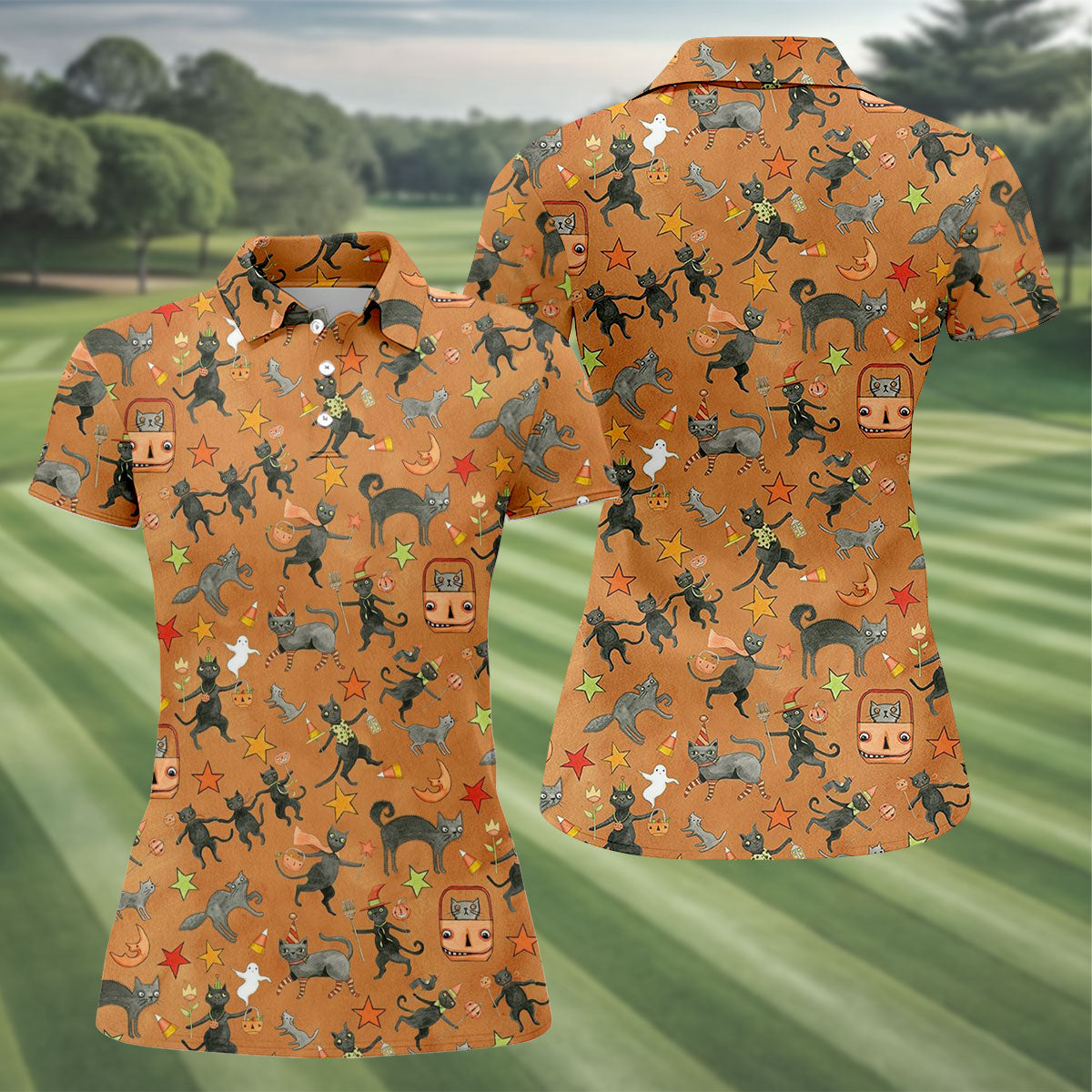 Vintage Black Cat Halloween Pattern Polo Shirt, Golf Shirts For Women, Womens Golf Tops