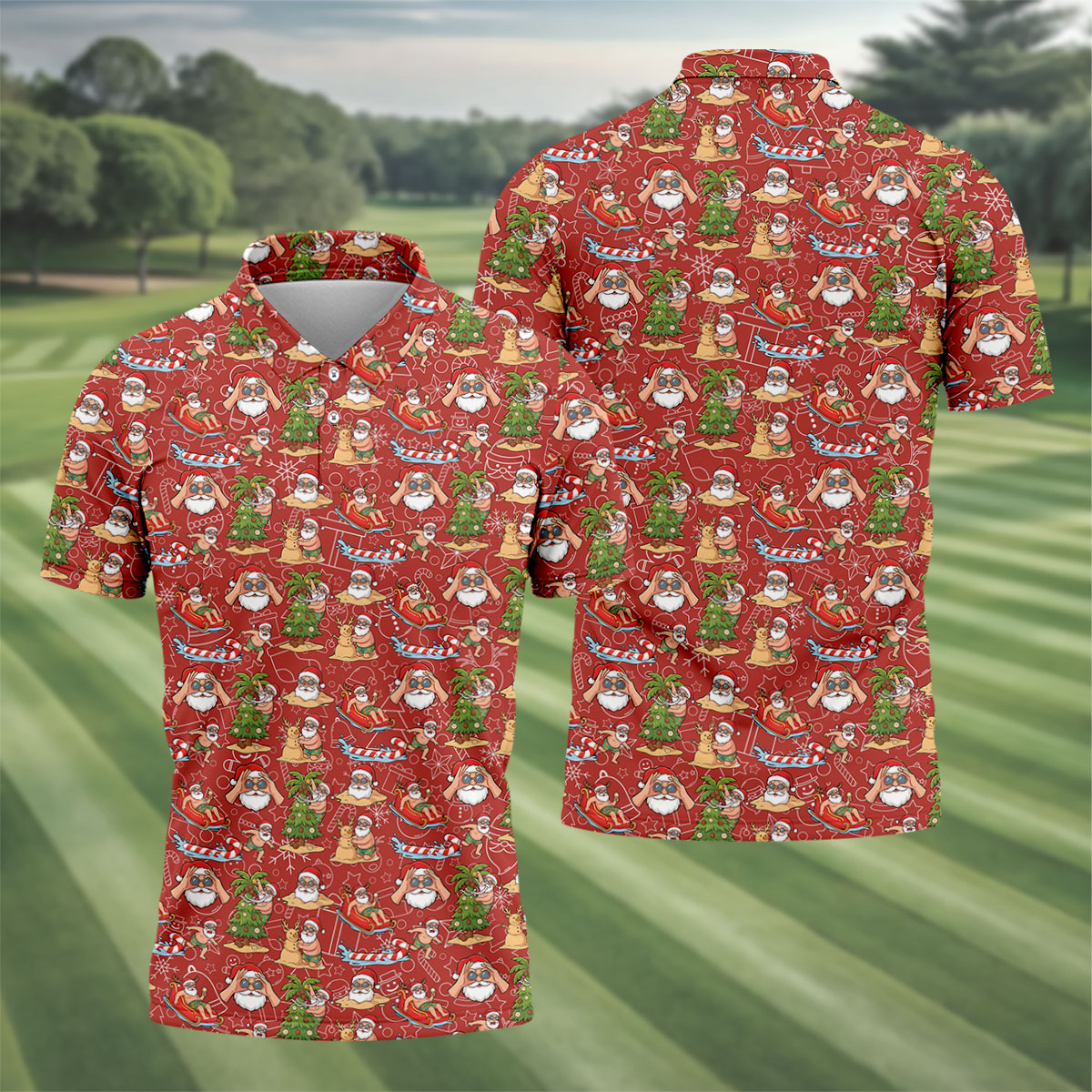 Tropical Santa Summer Christmas Pattern Polo Shirt, Mens Golf Polo, Christmas Shirt