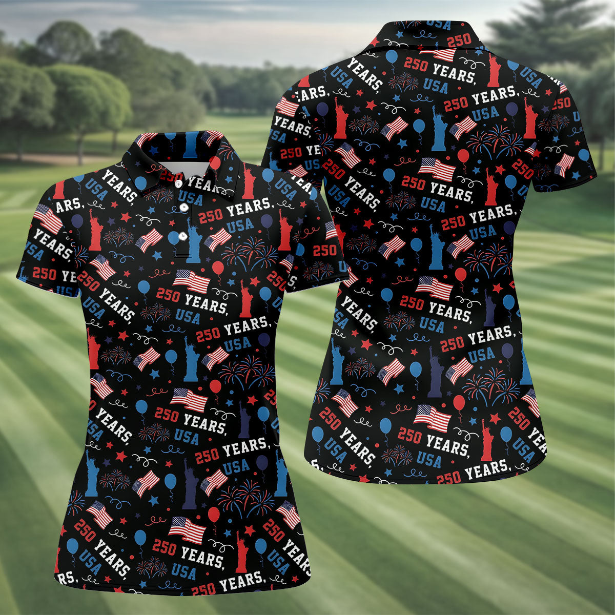 250 Years USA Red White Blue Seamless Pattern Black Golf Shirt, Patriotic 4th Of July Golf Shirt For Women