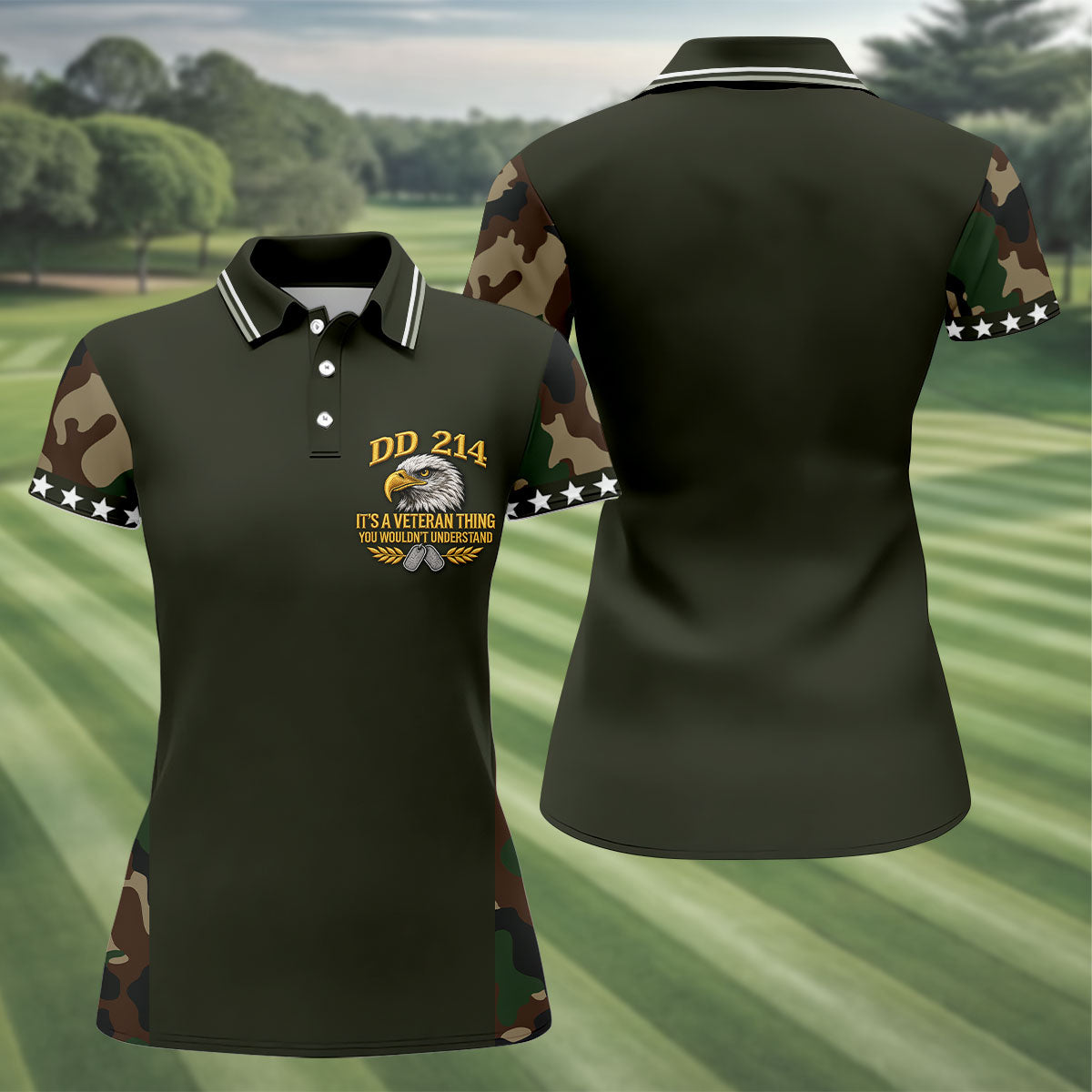 DD-214 Eagle Olive Green Camo Polo Shirt, Womens Golf Shirts, Veterans Day Golf Shirt