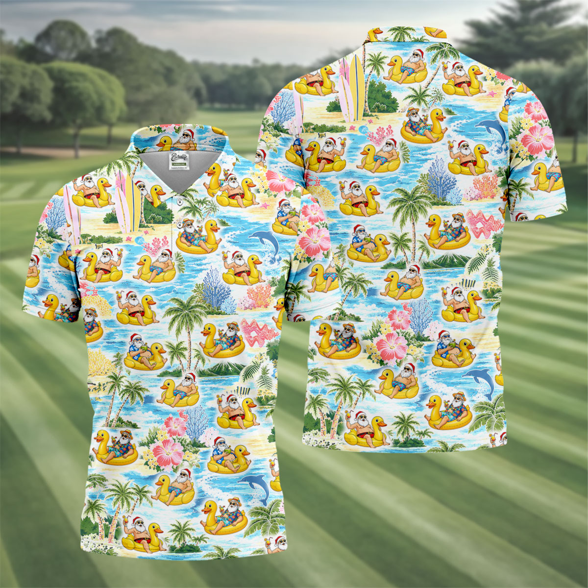 Funny Santa Duck Float Tropical Christmas Polo Shirt, Mens Golf Polo, Hawaiian Golf Shirt